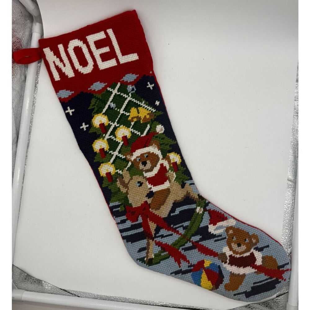 Toys Tree Needlepoint Christmas Stocking Cross Stitch Bear Ball Complete VTG‎
